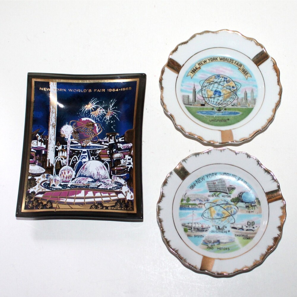 Lot 3 New York World's Fair 1964 ashtray dish Houze glass ceramic Unisphere NY